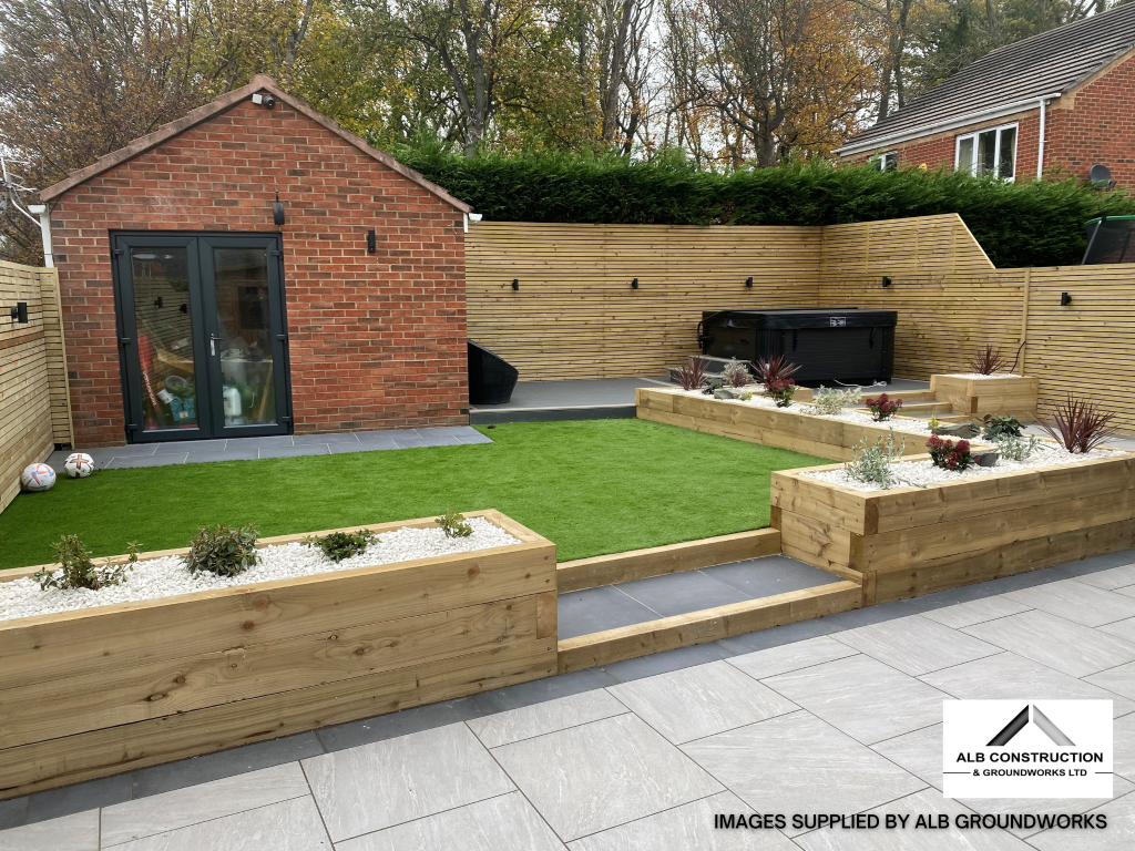 Fantastically Finished Garden Design Using Raised New Railway Sleepers